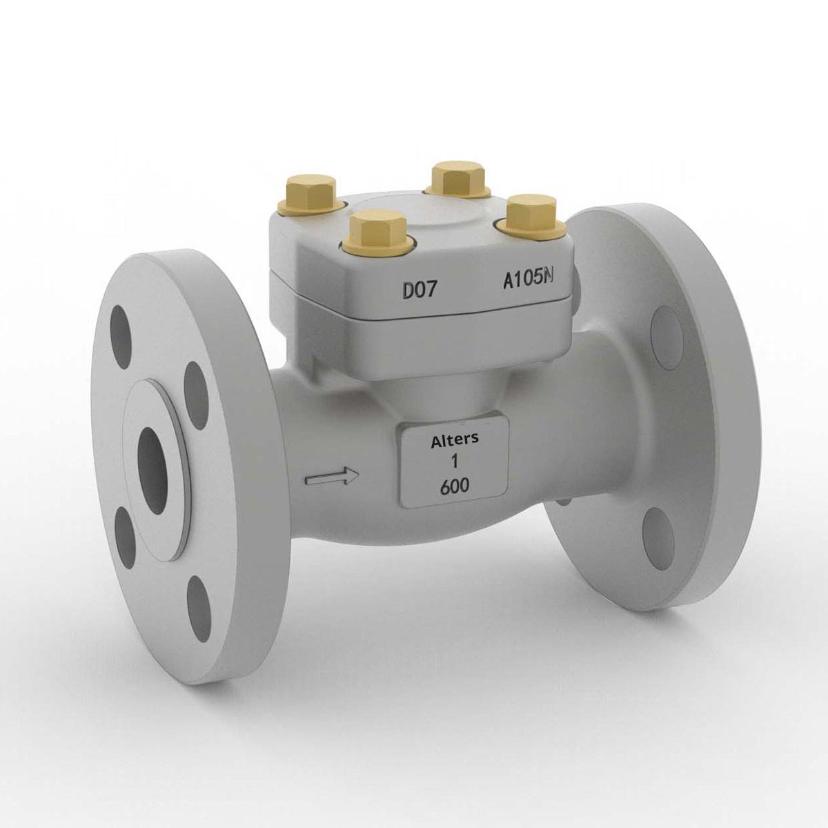 Image of a check valve from AlterValve with company name and specifications for one-way flow control.