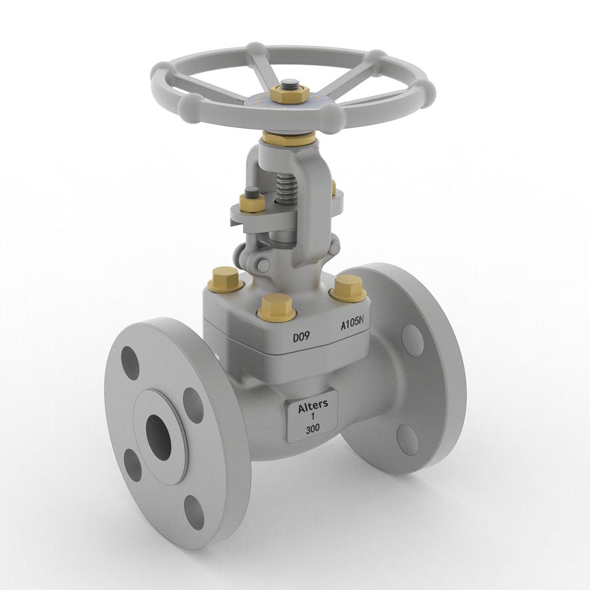 The image showcases a reliable Forged Steel Gate Valve Flange from AlterValve with the company name and specifications, used to control the flow of fluids in piping systems.