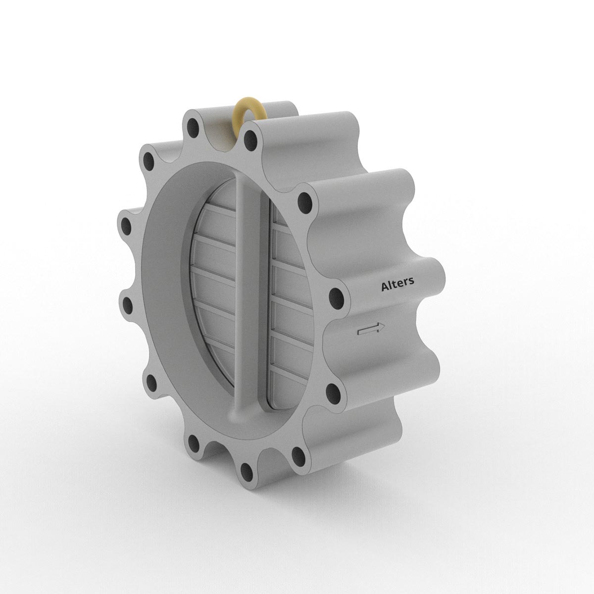 Dual Plate Wafer Lug Check Valve from AlterValve with specifications and flow direction.