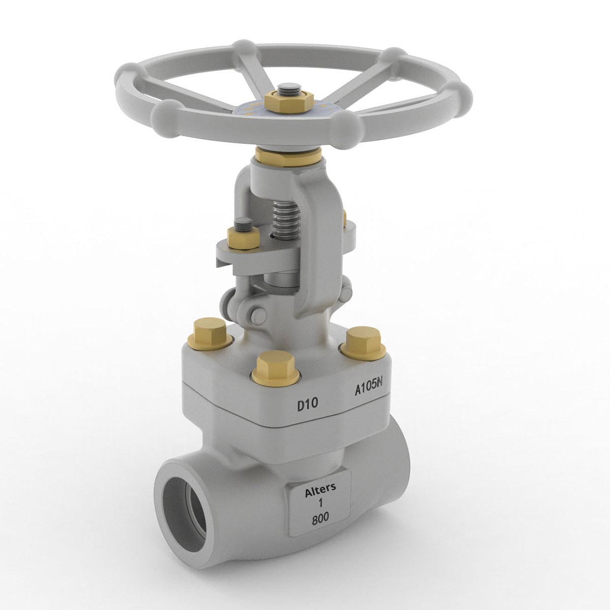 The image showcases a reliable Forged Steel Gate Valve from AlterValve with the company name and specifications for fluid flow control in piping systems.
