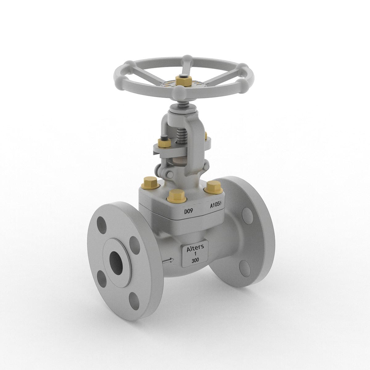 Image of a Forged Steel Globe Valve Flange from AlterValve with the company name and specifications.