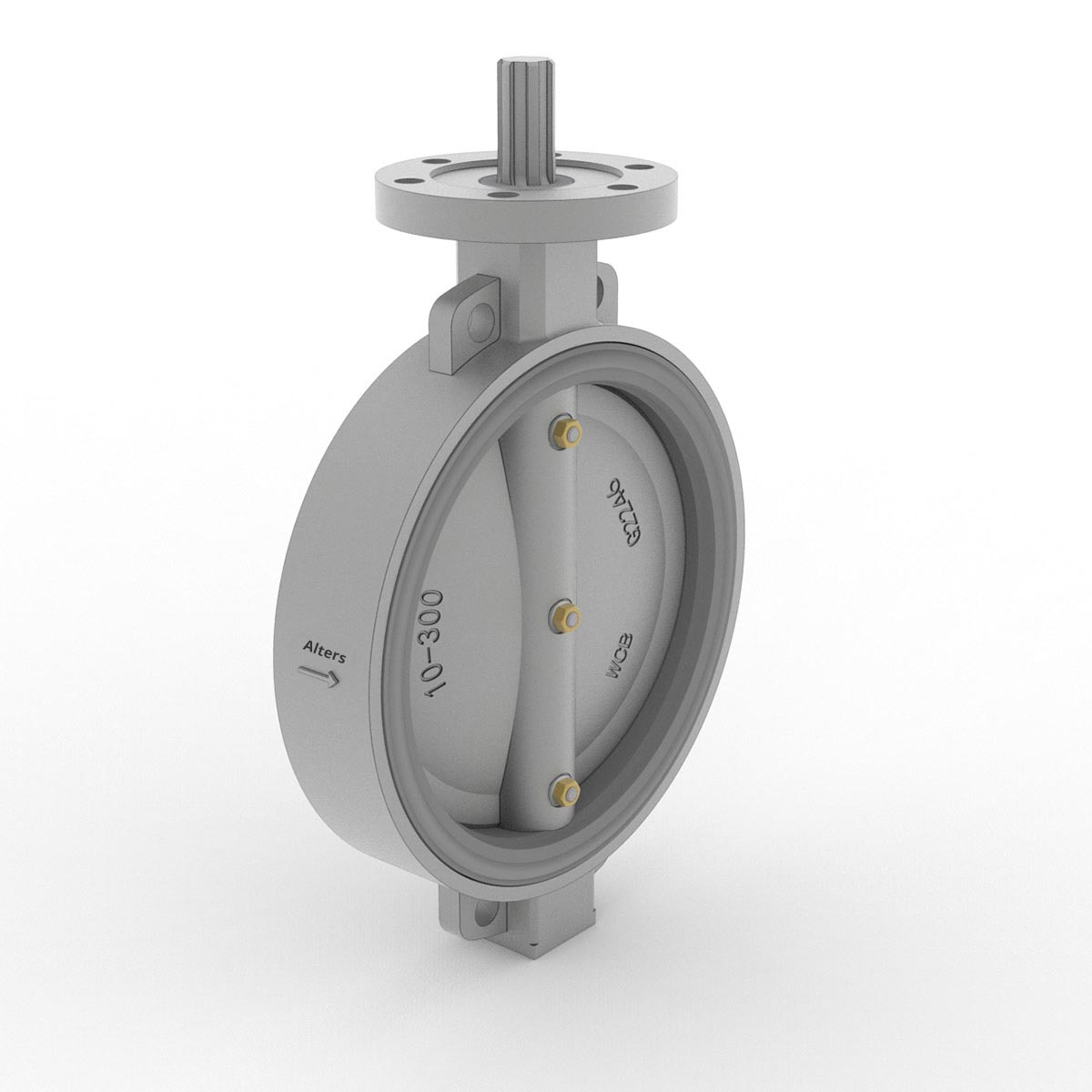 Image of a reliable Concentric Butterfly Valve made of high-quality metal from AlterValve with the company name and specifications.