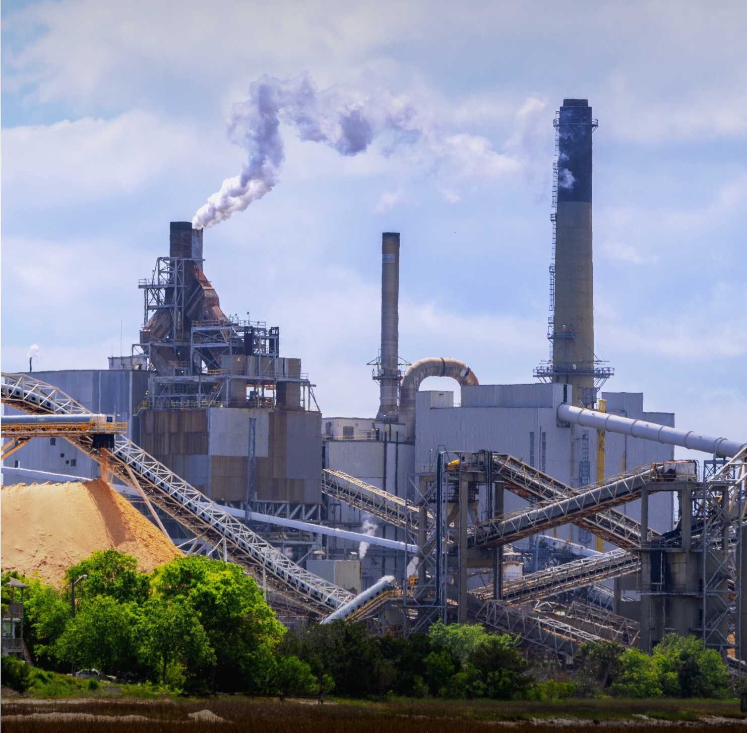 An exterior view of a paper pulp factory.