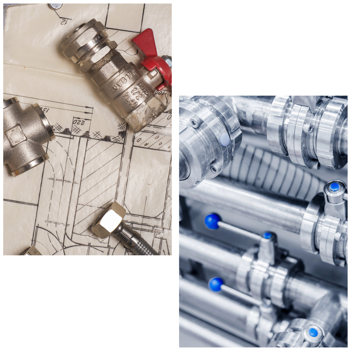 A collage image of industrial valves and valve parts.